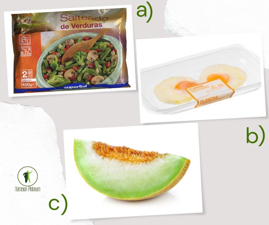 Verduras salteadas con huevos a la plancha en conserva y  tajada de melón tamaño PUÑO.